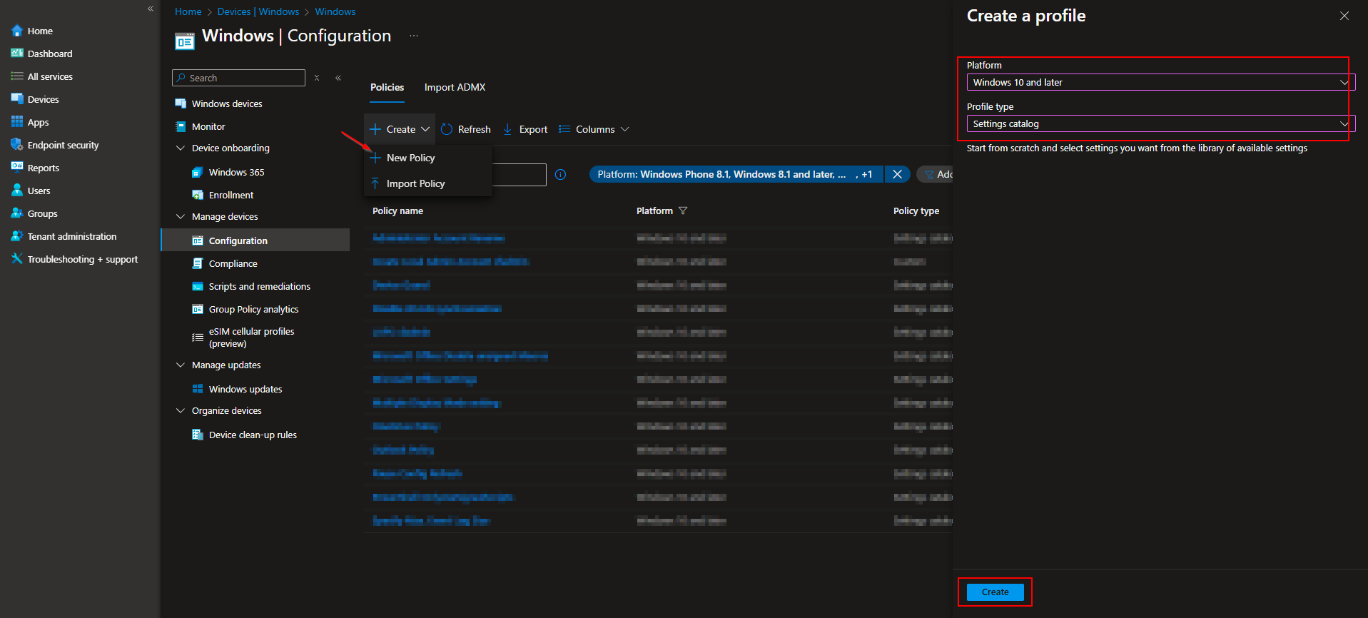 Creating a new configuration profile in Intune